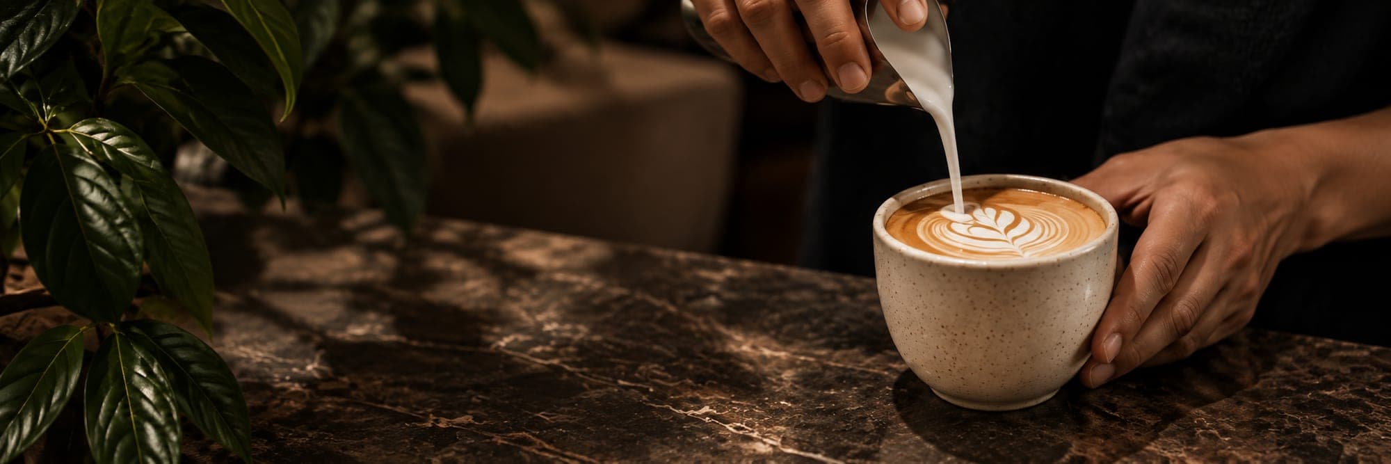 A barista pouring latte art into a STRIP cup